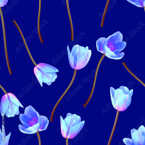 Floral Seamless tulip with leaves pattern on a beautiful background. High realism, vector, spring flowers for fabric, prints, decorations, invitation cards.