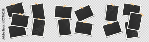 Set of empty black photo frames of various shape and size glued to transparent background with adhesive tape of different colors. Vector illustration with vintage style.