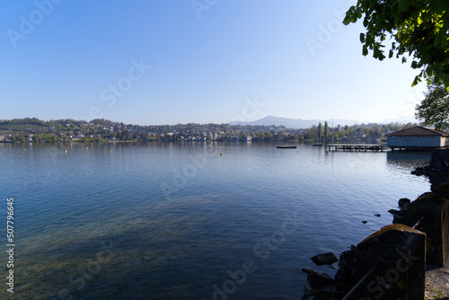 Scenic landscape with Lake Z  rich seen from City of Rapperswil-Jona on a sunny spring day. Photo taken April 28th  2022  Rapperswil-Jona  Switzerland.