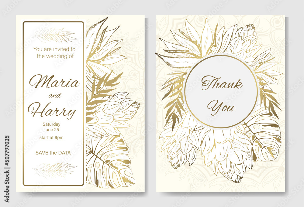 Luxurious set of wedding invitations. Golden exotic pattern for floral Wedding card, Save the date, Thank you