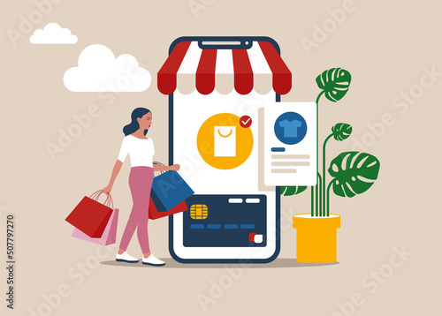 Modern flat design concept of online shopping with small woman, mobile website development. UI and UX design.