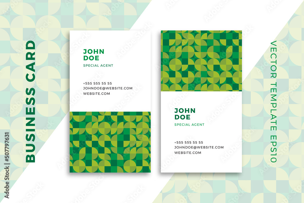 Trendy business card vertical templates with geometric pattern. Elegant corporate stationery mockup with modern greenery geometric background. Simple vector editable templates with sample text. EPS10
