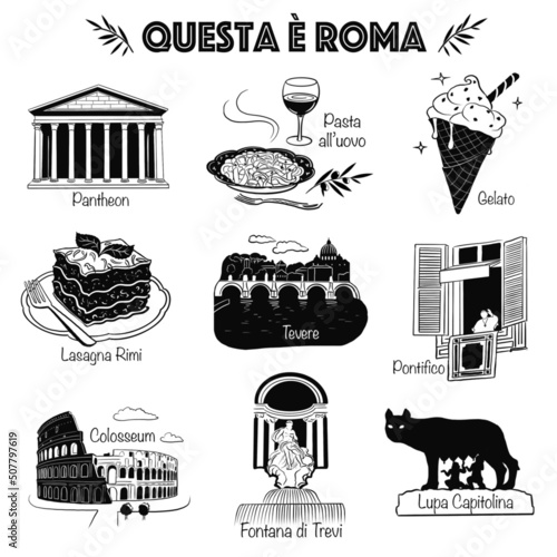 set of icons about Roma, its landmarks and famous places. Digital art, 2022