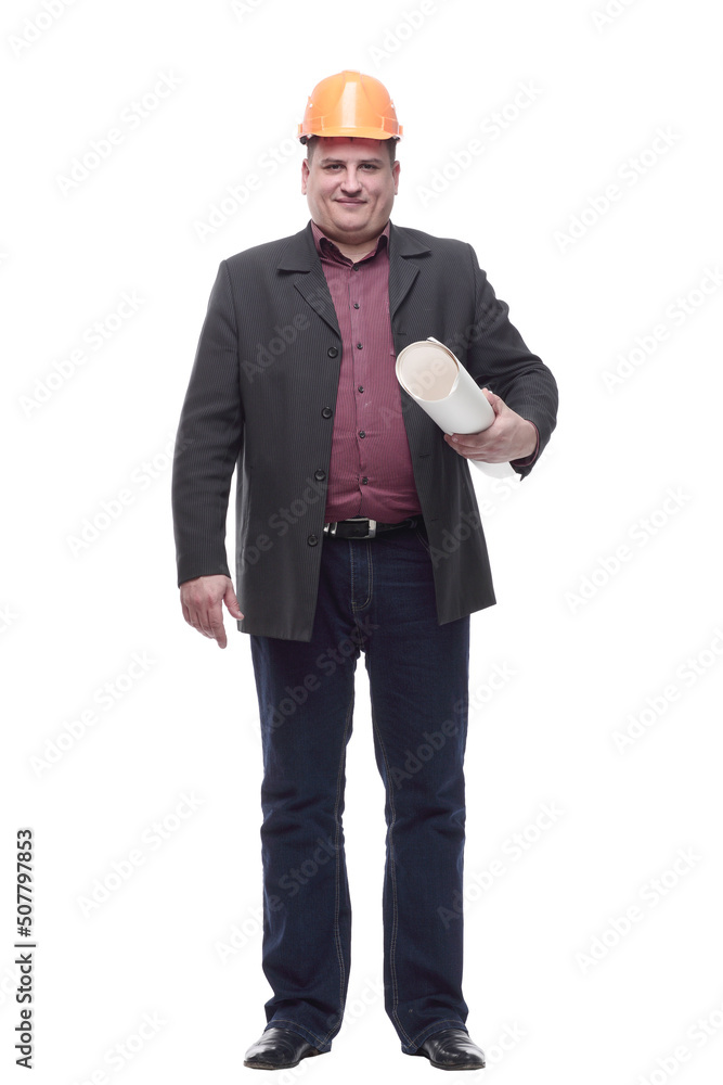 business man architect with drawings. isolated on a white business man architect with drawings. isolated on a white