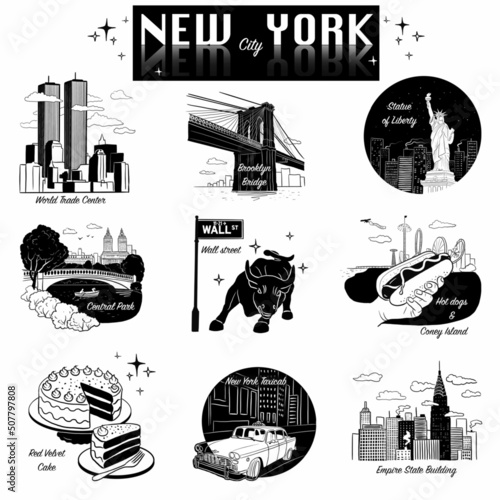 set of icons about New York, its landmarks and famous places. Digital art, 2022