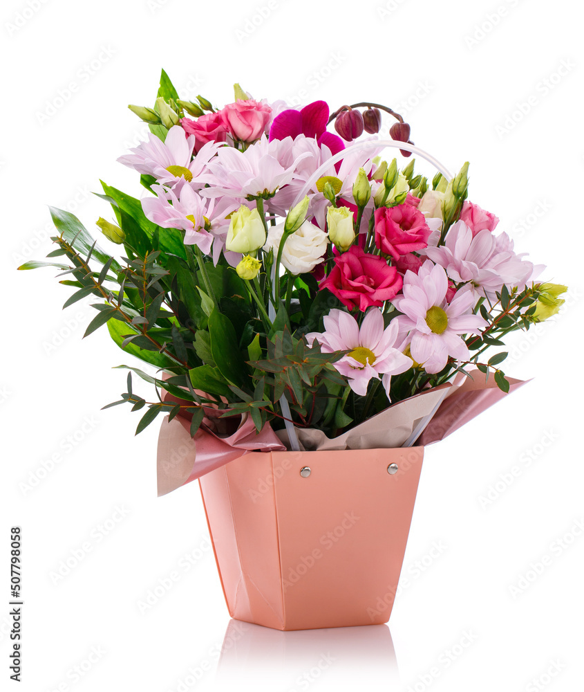 Big flowers arrangement in a box was created by a florist for a wedding