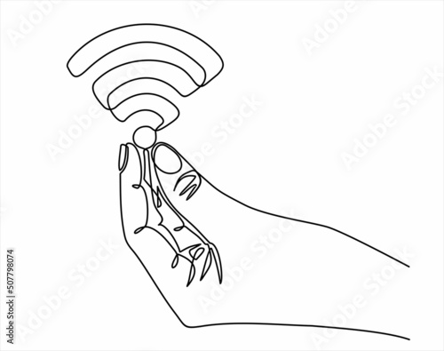 Hand holding Wi-Fi. Continuous line