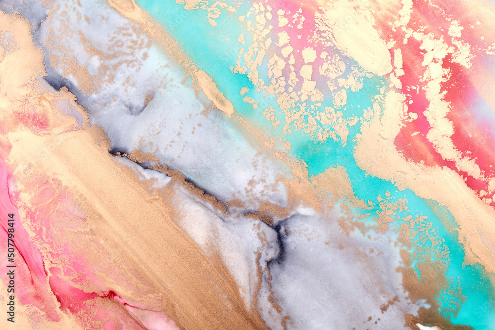 Colorful ink luxury abstract background, gold pink marble texture, fluid art pattern wallpaper, underwater paint mix