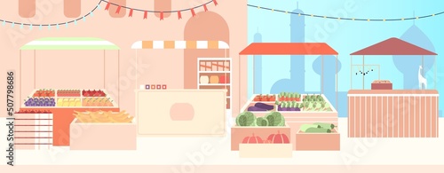 East market street landscape. Fruit vegetables stall, counters with jewelry and spices, hand made decorative gifts. Asian empty shopping bazaar, travel vector banner