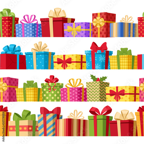 Cartoon gift boxes seamless borders, winter holidays presents banner. Holiday gift boxes stack seamless border frames vector symbols illustrations set. Winter holidays presents
