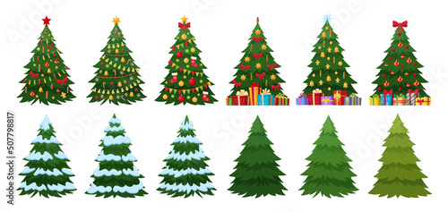 Christmas trees with xmas decorations, garlands and holiday gift boxes. Xmas green fir trees with decoration, snow and presents vector illustrations set. Holiday elements collection