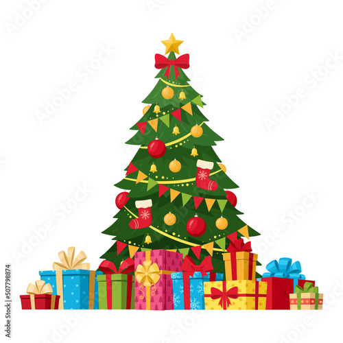 Christmas fir tree with winter holidays wrapped gift boxes pile. Decorated xmas green fir tree and gift boxes vector symbols illustration. Merry Christmas greeting card design