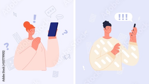 Information flow, online news noise. Surprised man and woman hold smartphone. Digital addiction, nervous system overload. Negative expression emotions vector concept