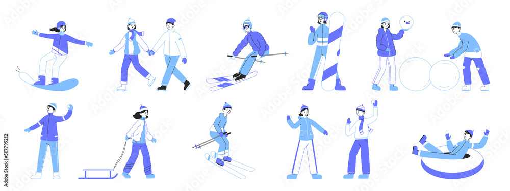 Snowboarding, skating and skiing winter sport activities, holidays snow activity. Winter sport activities, snowboarding and skiing vector symbols illustration set. Winter activities collection