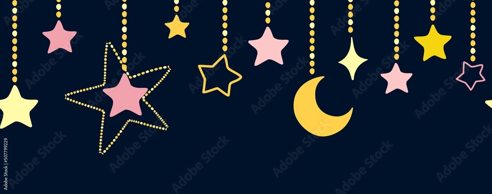 Moon and stars seamless border. Cute nursery mobile, yellow crescent hand in night. Wall sticker vector print template, baby sleepy banner