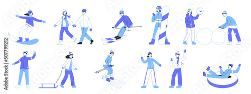 Snowboarding, skating and skiing winter sport activities, holidays snow activity. Winter sport activities, snowboarding and skiing vector symbols illustration set. Winter activities collection