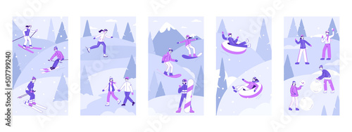 Winter outdoor activities, skating, snowboarding and skiing posters. Xmas holidays sport activities, skiing and playing snowballs vector symbols illustration set. Outdoor sport backgrounds