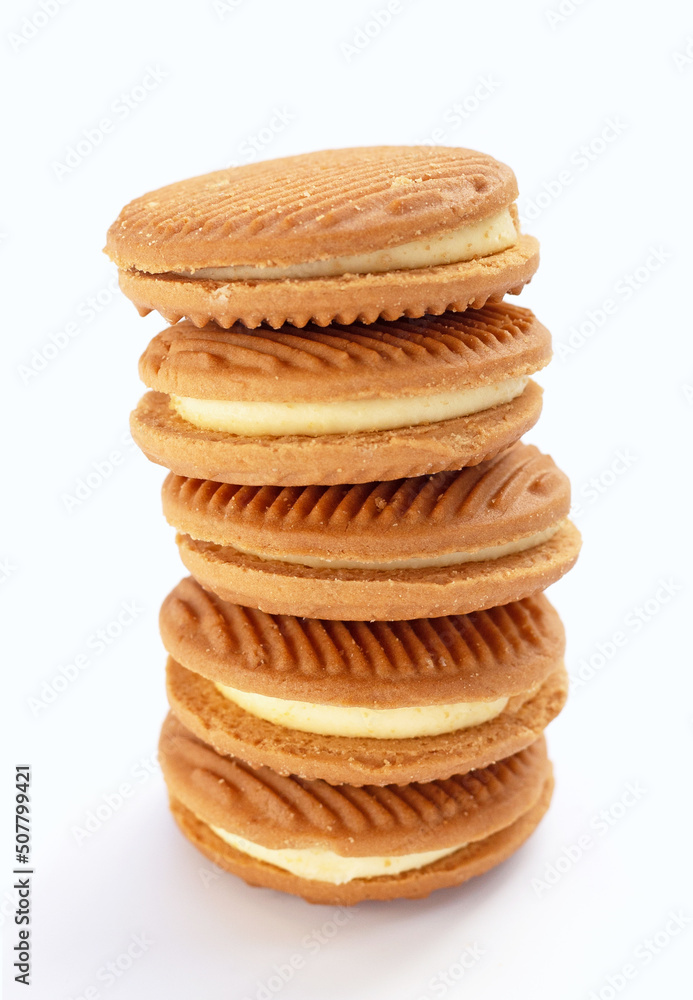 Custard cream sandwich biscuits on white background. Custard cream sandwich biscuits on white background.