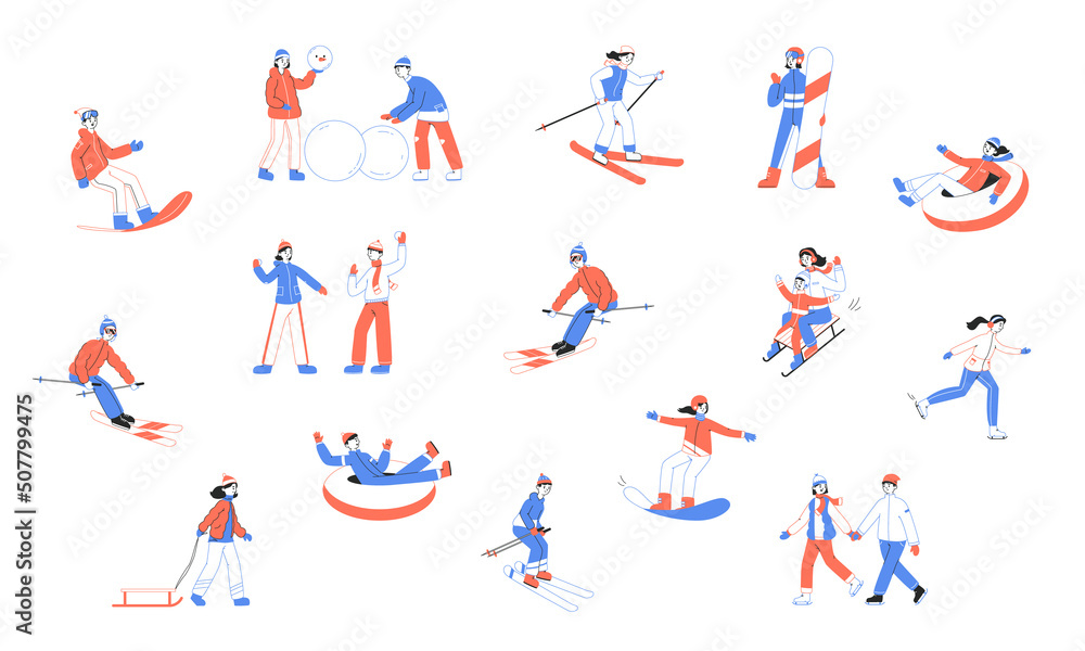 Winter sports activity, snowboard and ski riders. People do snow mountain sports outline vector illustration set. Flat outdoor winter games