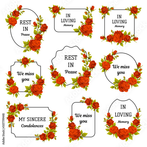 Funeral Red Rose Frame with Text Quote and Inscription Vector Set