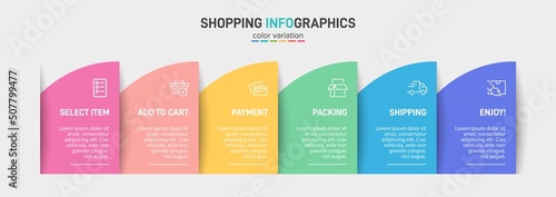 Concept of shopping process with 6 successive steps. Six colorful graphic elements. Timeline design for brochure, presentation, web site. Infographic design layout.