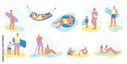 Ocean people vacation. Girl sea travel, summer family rest on pool. Man relax in hammock and swim on inflatable ring. Person sunbather, kicky vector characters