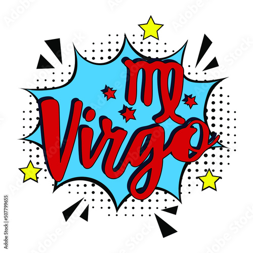 Zodiac sign Virgo. Pop art vector illustration. Virgo Comic book sign illustration. Vector. Line art, ideal for poster, print, postcard, colouring book.