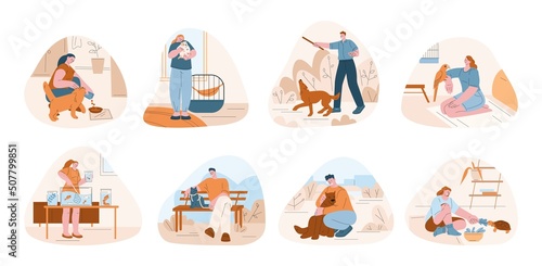 Happy owner with pet. People hold pets scenes, play and walk time with dog. Woman man hug cat, cute puppy, kitten parrots and kicky turtle vector set