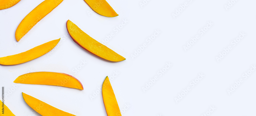Tropical fruit, Mango slices on white background. Tropical fruit, Mango slices on white background.