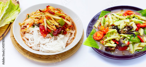 Spicy green papaya salad with vermicelli and Spicy cucumber salad