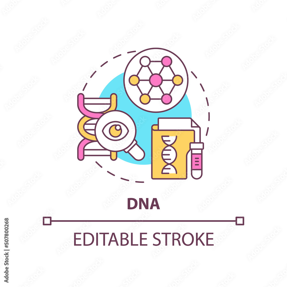 DNA concept icon. Biometric identification technology abstract idea thin line illustration. Forensic investigations. Isolated outline drawing. Editable stroke. Arial, Myriad Pro-Bold fonts used