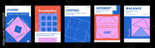 Vertical poster A4. Banners with geometric linear figures in memphis style. Set of abstract posters with squares and brutalistic shapes. Book cover with futuristic simple objects. Minimal Brochure Set