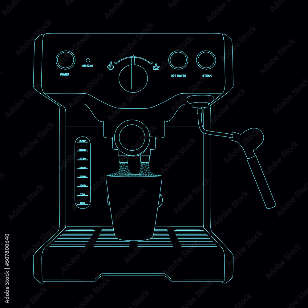 Outline of a coffee machine with glowing lights from blue lines isolated on a dark background. Front view. Vector illustration. Outline of a coffee machine with glowing lights from blue lines isolated on a dark background. Front view. Vector illustration.
