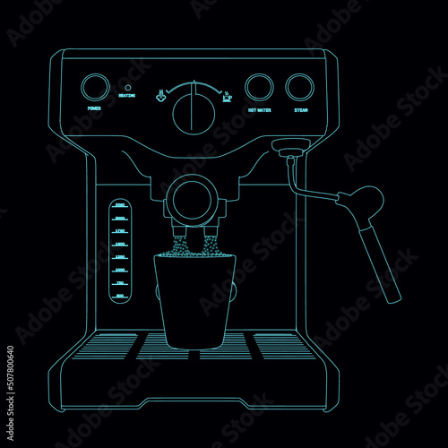 Outline of a coffee machine with glowing lights from blue lines isolated on a dark background. Front view. Vector illustration.