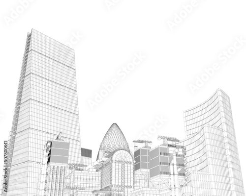 Wireframe of a detailed city with skyscrapers from black lines isolated on a white background. 3D. Vector illustration.