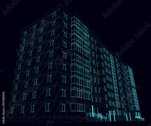 Wireframe of a multi-storey residential building from blue lines isolated on a dark background. 3D. Vector illustration.