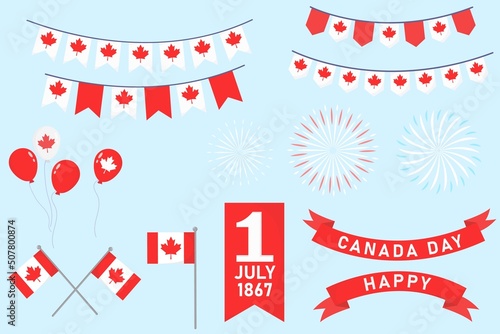 Set of design elements for Canada day, banners, balloons, flags, fireworks photo