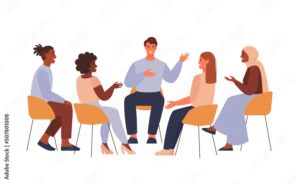 Group therapy session. Different people sitting in circle and talking. Concept of group therapy, counseling, psychology, help, conversation. Flat vector illustration. - obrazy, fototapety, plakaty 