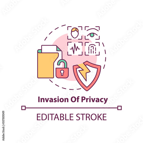 Invasion of privacy concept icon. Biometric authentication problem abstract idea thin line illustration. Unprotected data. Isolated outline drawing. Editable stroke. Arial, Myriad Pro-Bold fonts used