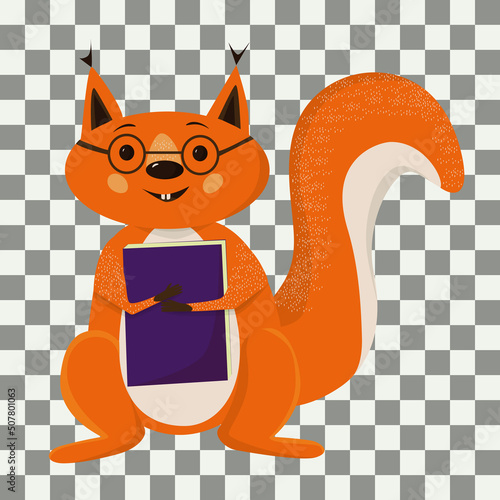 Funny squirrel in glasses with a book in his paws. Isolated character, vector, orange hair, glasses, school.
