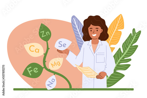 Nutritionist concept. Smiling woman doctor choose your individual nutrition therapy with healthy food and supplements. Health improwement program and diet plan. Vector illustration in flat style