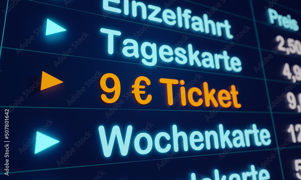 9 Euro Ticket. Symbolic graphic for the reduced public transport tickets in Germany, summer 2022. Cheap tickets supports travelers and consumers due to rising energy and fuel prices. 3D illustration 9 Euro Ticket. Symbolic graphic for the reduced public transport tickets in Germany, summer 2022. Cheap tickets supports travelers and consumers due to rising energy and fuel prices. 3D illustration