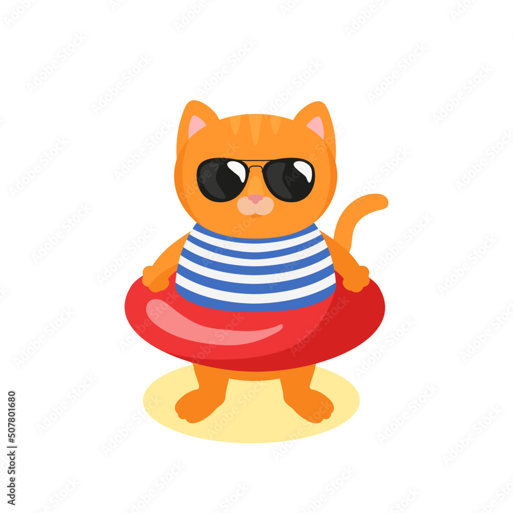 Cat and swim ring. Vector picture isolated on white
