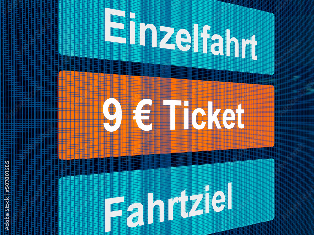 Fototapeta premium 9 Euro Ticket. Symbolic graphic for the reduced public transport tickets in Germany, summer 2022. Cheap tickets supports travelers and consumers due to rising energy and fuel prices. 3D illustration