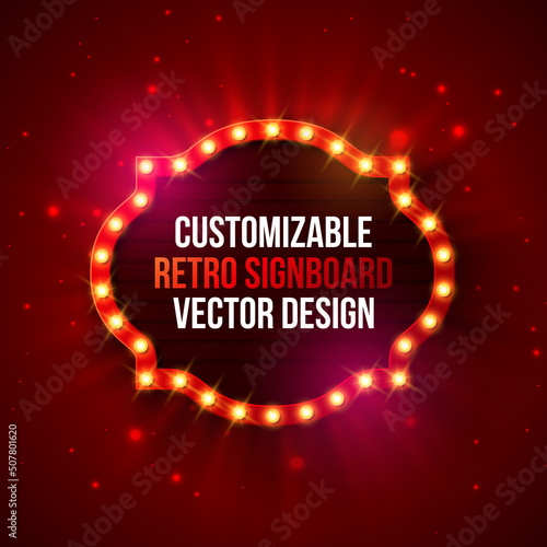 Vector Retro Billboard or Lightbox Illustration with Customizable Design on Shiny Red Background. Light Bulb Frame or Vintage Bright Signboard for Show, Night Events, Cinema or Theatre Advertising