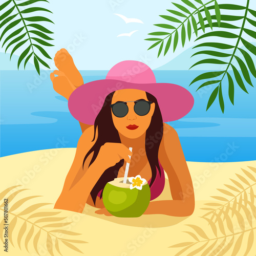 Woman lying on the beach with coconut cocktail. Flat vector illustration