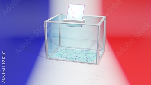 Illustration 3D Enveloppe bulletin de vote urne electorale elections legislatives deputes assemblee nationale France drapeau bleu blanc rouge 2022 photo