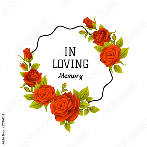 Funeral Red Rose Frame with In Loving Memory Quote and Inscription Vector Illustration