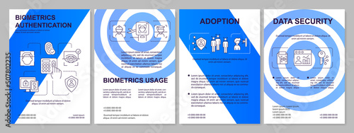 Biometrics and identity blue brochure template. Digital technology. Leaflet design with linear icons. Editable 4 vector layouts for presentation, annual reports. Arial, Myriad Pro-Regular fonts used