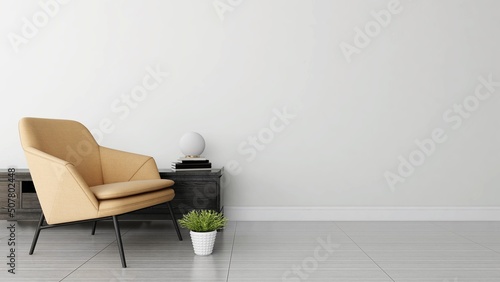 Wall mockup in a living room with a yellow armchair and interior decoration with an ornamental plant and a lamp. 3d rendering  interior design  3d illustration